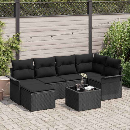 Garten-Sofa-Set mit Kissen 7 pcs Schwarz Poly Rattan