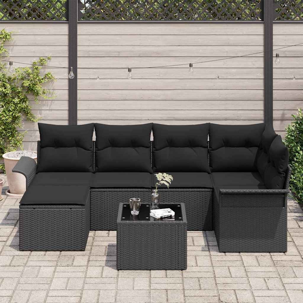 Garten-Sofa-Set mit Kissen 7 pcs Schwarz Poly Rattan