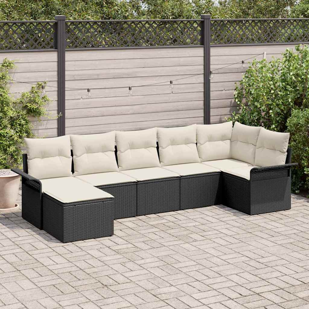 Garten-Sofa-Set mit Kissen 7 pcs Schwarz Poly Rattan