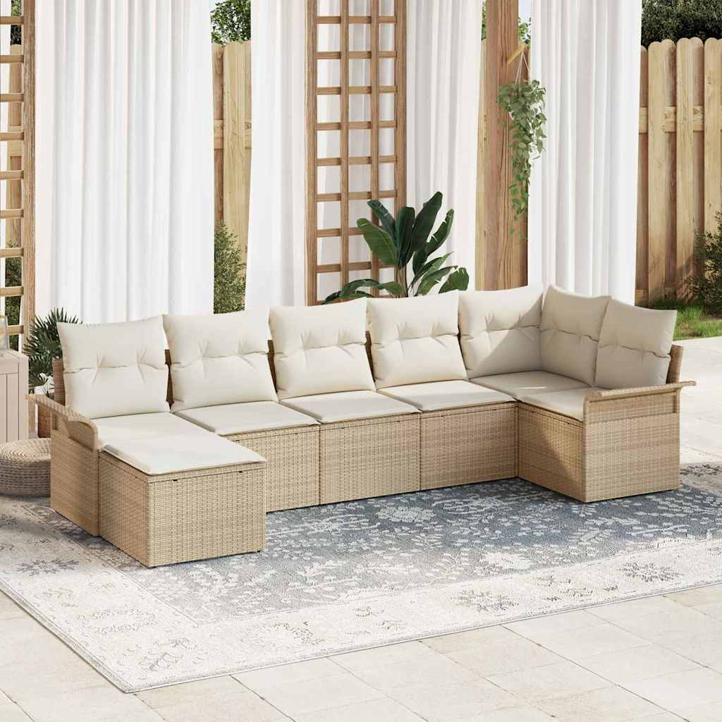 Garten-Sofa-Set mit Kissen mit Speicher 7 pcs Beige Poly Rattan