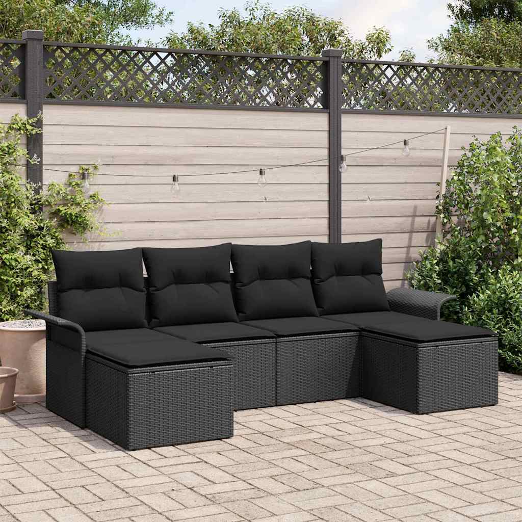 Garten-Sofa-Set mit Kissen 6 pcs Schwarz Poly Rattan