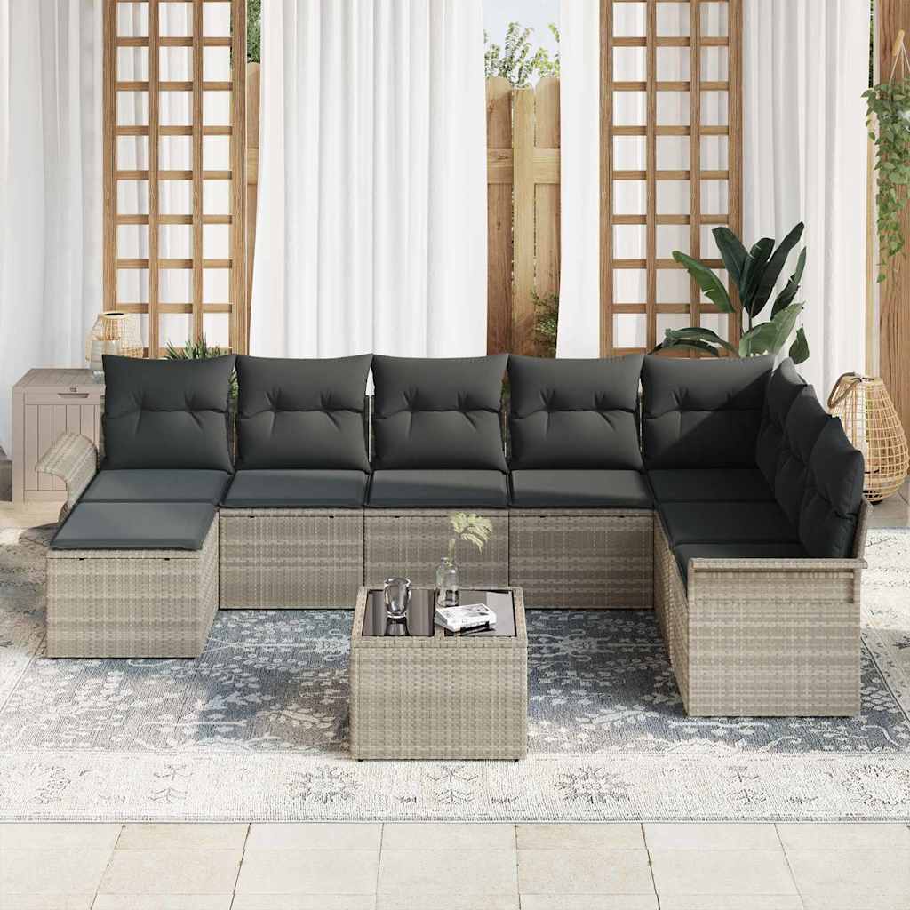 Garten-Sofa-Set mit Kissen mit Speicher 9 pcs Grau Poly Rattan