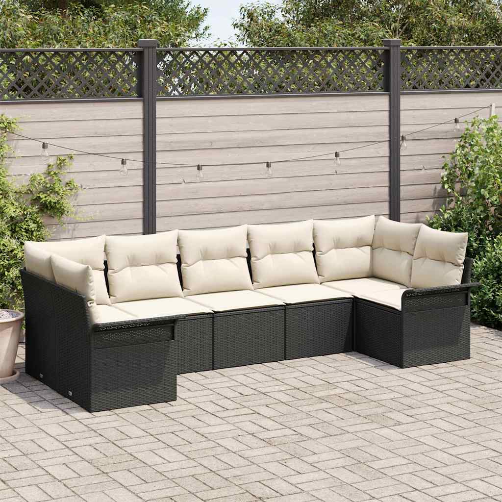 Garten-Sofa-Set mit Kissen 7 pcs Schwarz Poly Rattan