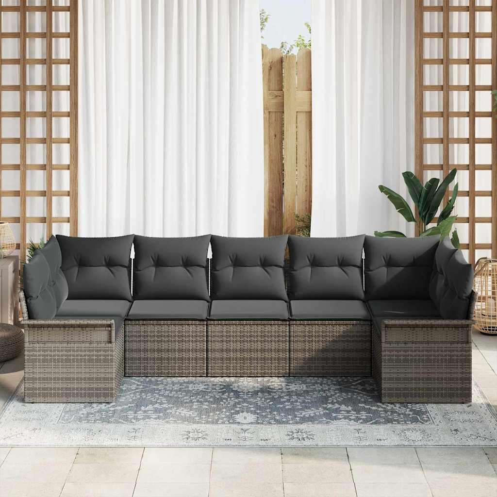 Garten-Sofa-Set mit Kissen mit Speicher 7 pcs Grau Poly Rattan