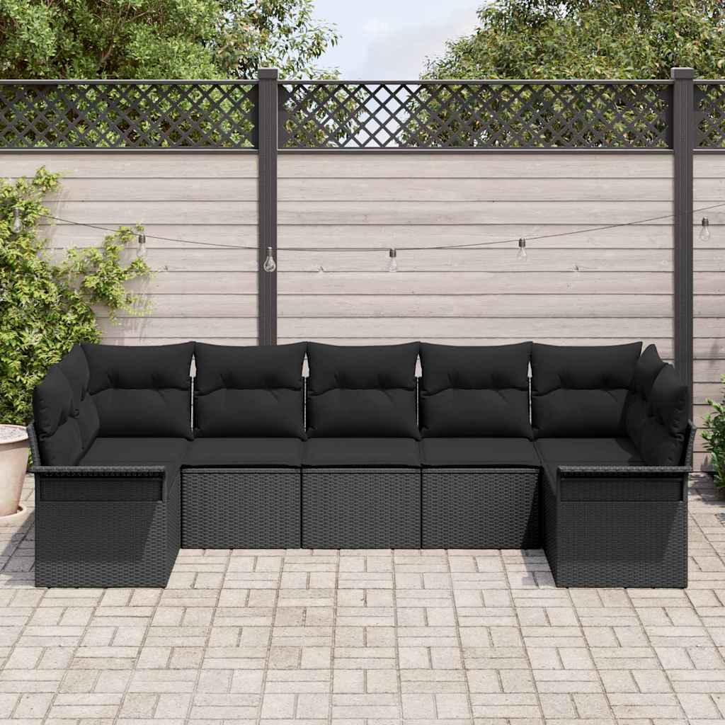 Garten-Sofa-Set mit Kissen 7 pcs Schwarz Poly Rattan