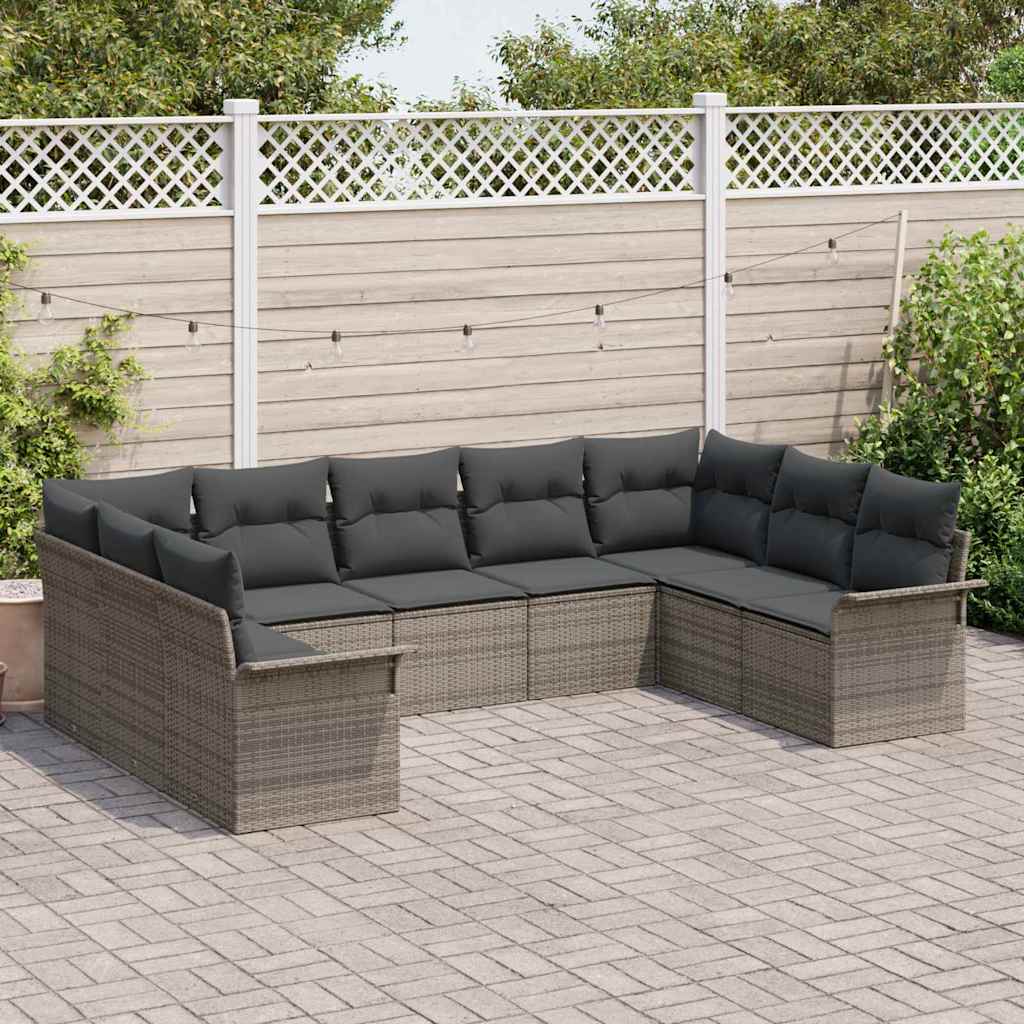 Garten-Sofa-Set mit Kissen mit Speicher 9 pcs Grau Poly Rattan