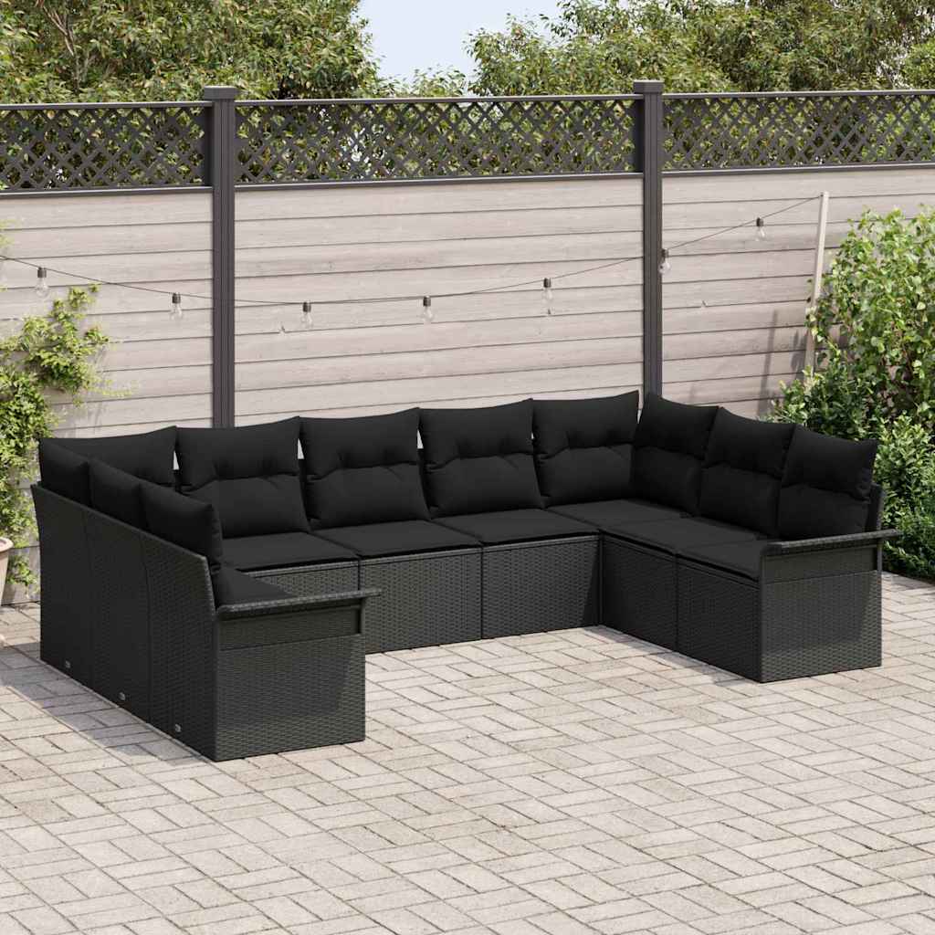 Garten-Sofa-Set mit Kissen 9 pcs Schwarz Poly Rattan