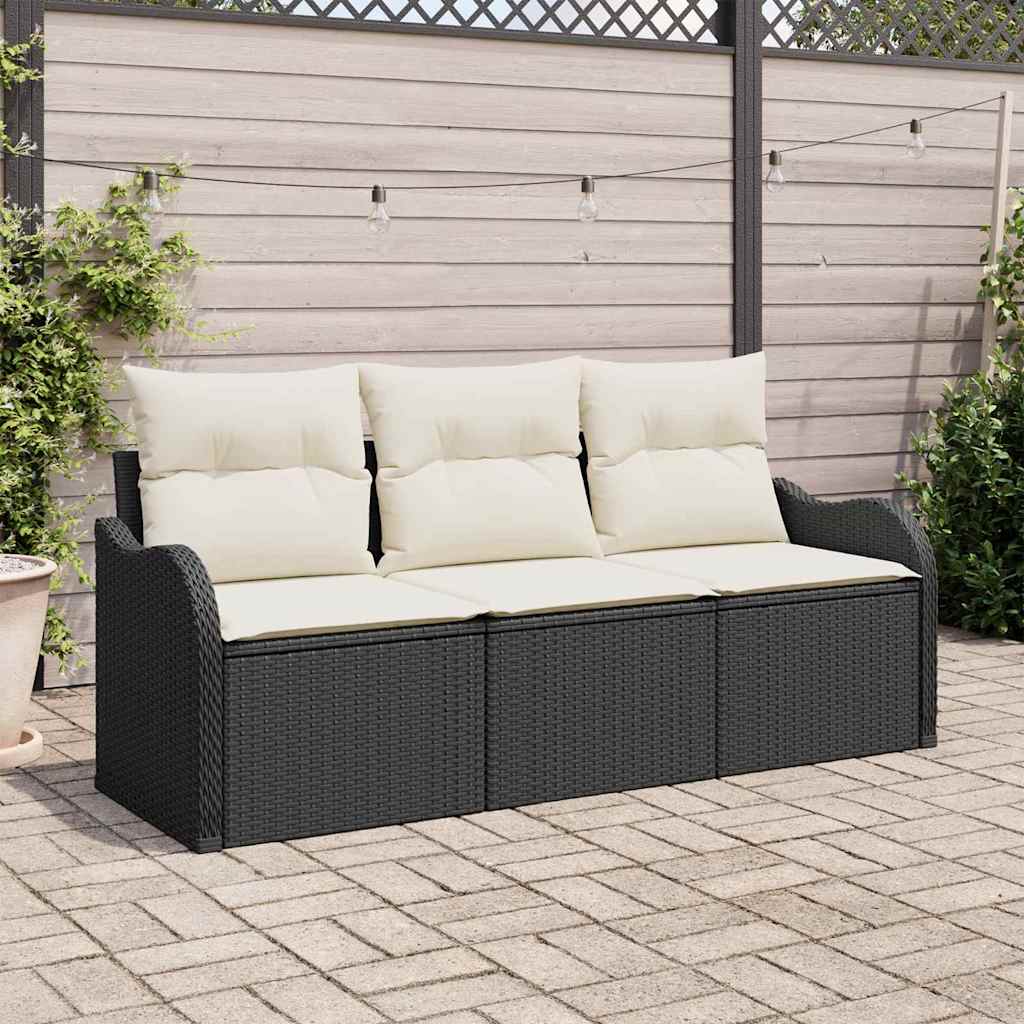Garten-Sofa-Set mit Kissen 3 pcs Schwarz Poly Rattan