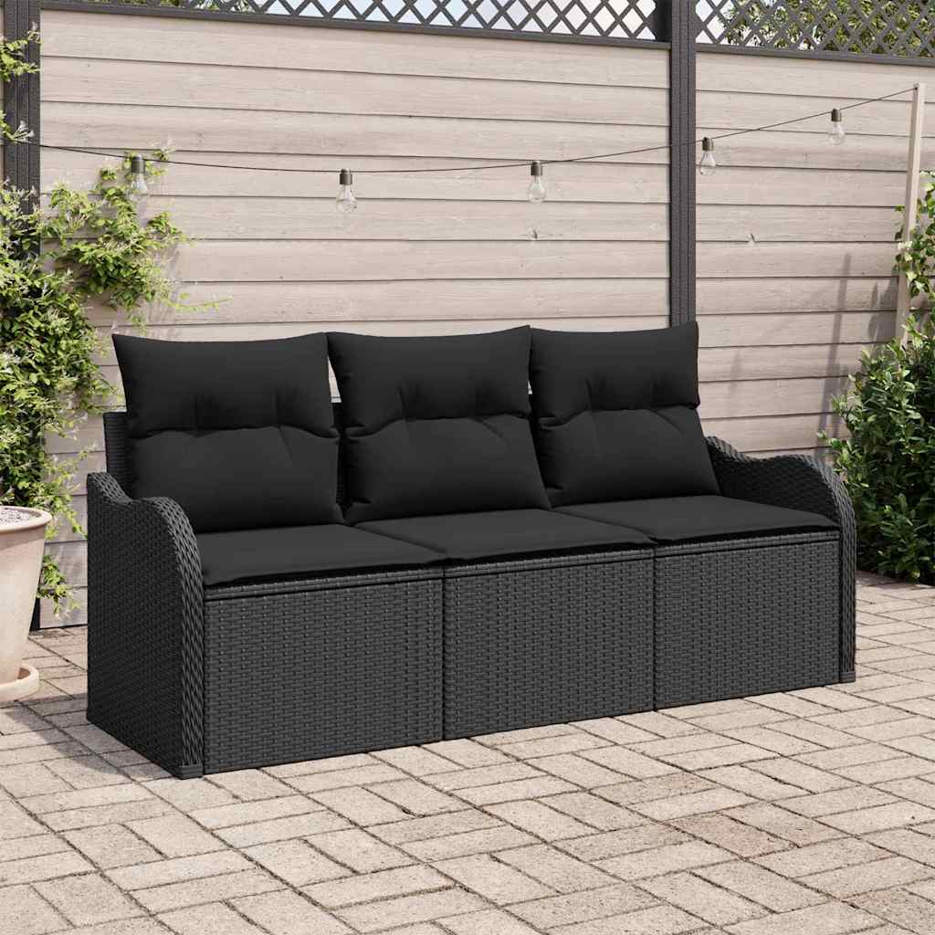 Garten-Sofa-Set mit Kissen 3 pcs Schwarz Poly Rattan