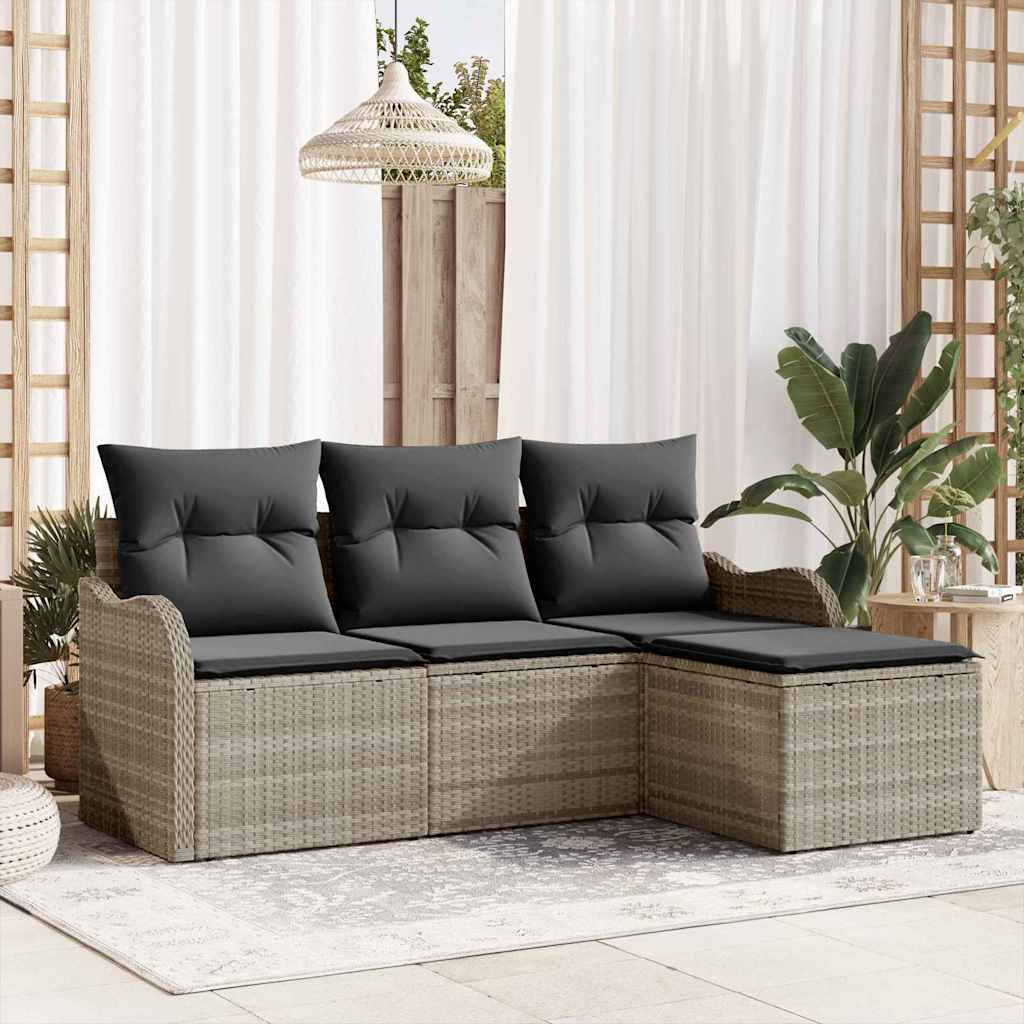 Garten-Sofa-Set mit Kissen 4 pcs Hellgrau Poly Rattan