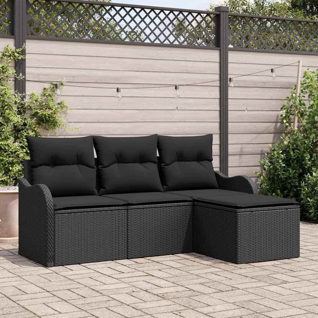 Garten-Sofa-Set mit Kissen 4 pcs Schwarz Poly Rattan