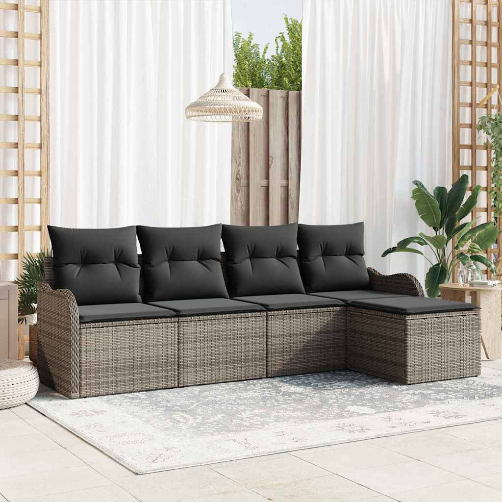 Garten-Sofa-Set mit Kissen mit Speicher 5 pcs Grau Poly Rattan