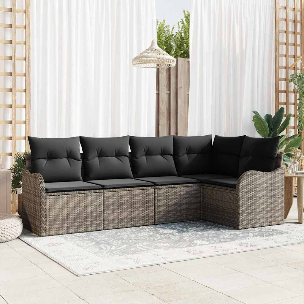 Garten-Sofa-Set mit Kissen mit Speicher 5 pcs Grau Poly Rattan