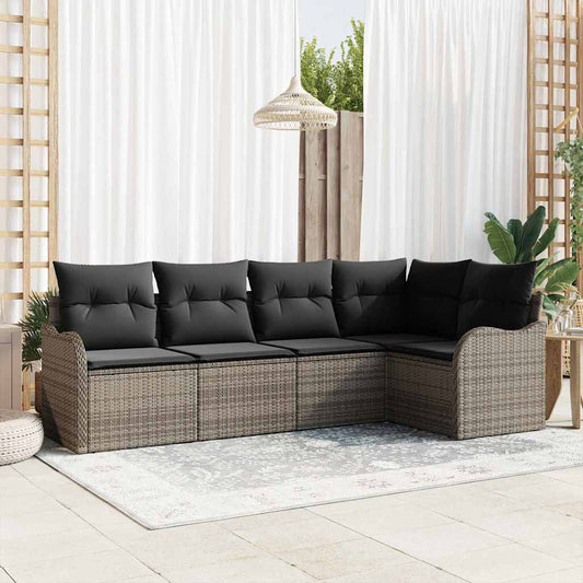 Garten-Sofa-Set mit Kissen mit Speicher 5 pcs Grau Poly Rattan