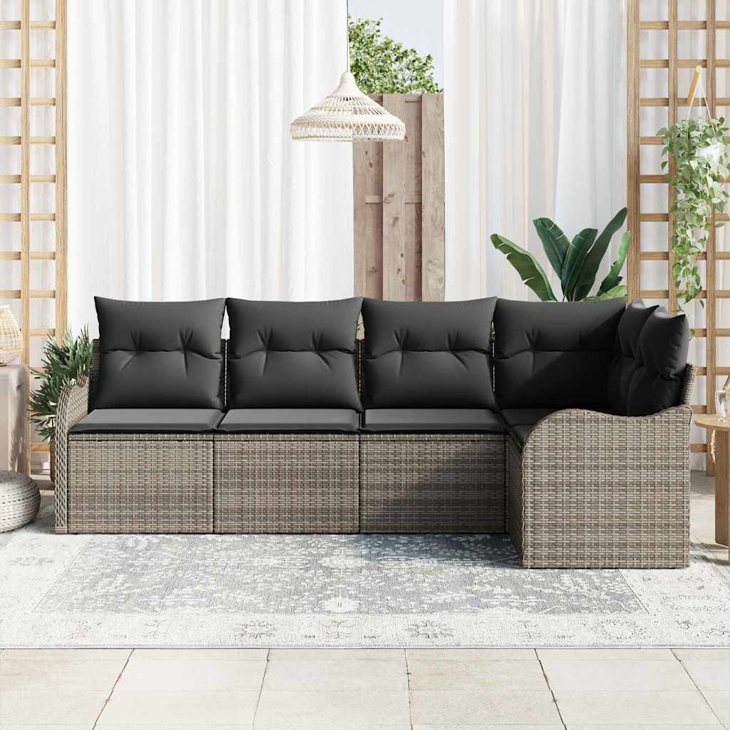 Garten-Sofa-Set mit Kissen mit Speicher 5 pcs Grau Poly Rattan