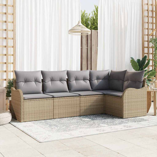 Garten-Sofa-Set mit Kissen mit Speicher 5 pcs Beige Poly Rattan