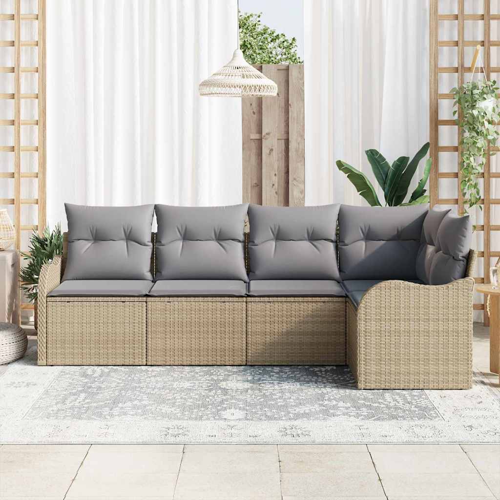 Garten-Sofa-Set mit Kissen mit Speicher 5 pcs Beige Poly Rattan