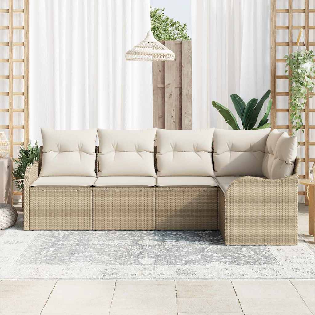 Garten-Sofa-Set mit Kissen mit Speicher 5 pcs Beige Poly Rattan