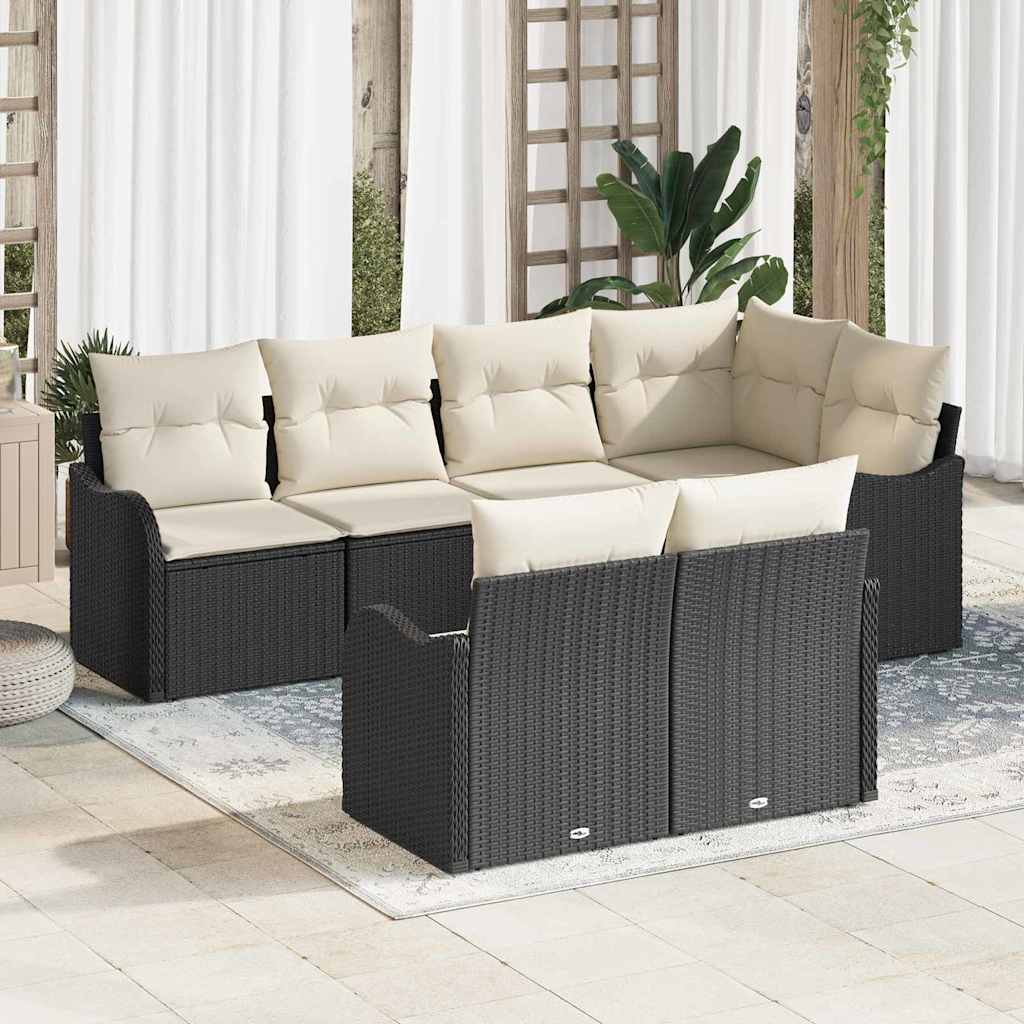 Garten-Sofa-Set mit Kissen 7 pcs Schwarz Poly Rattan