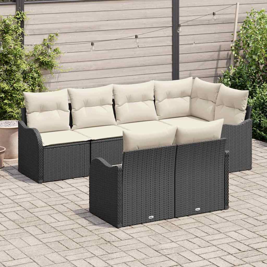 Garten-Sofa-Set mit Kissen 7 pcs Schwarz Poly Rattan