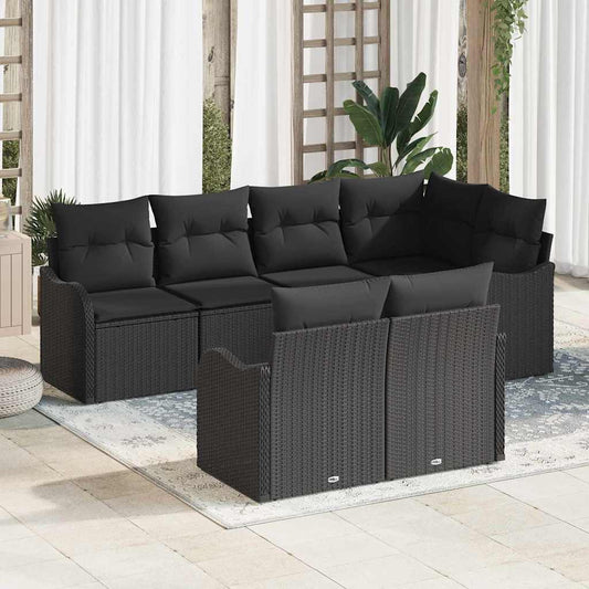 Garten-Sofa-Set mit Kissen 7 pcs Schwarz Poly Rattan