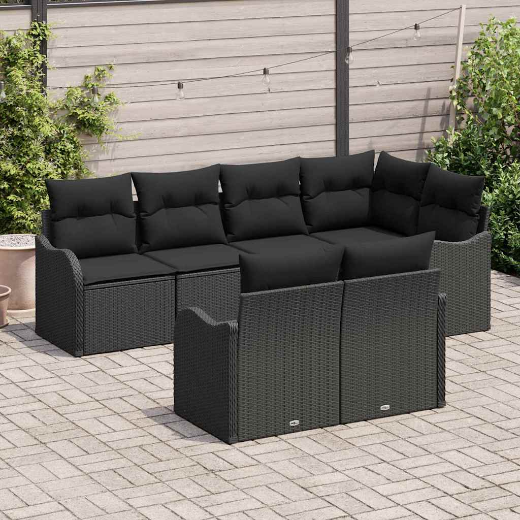 Garten-Sofa-Set mit Kissen 7 pcs Schwarz Poly Rattan