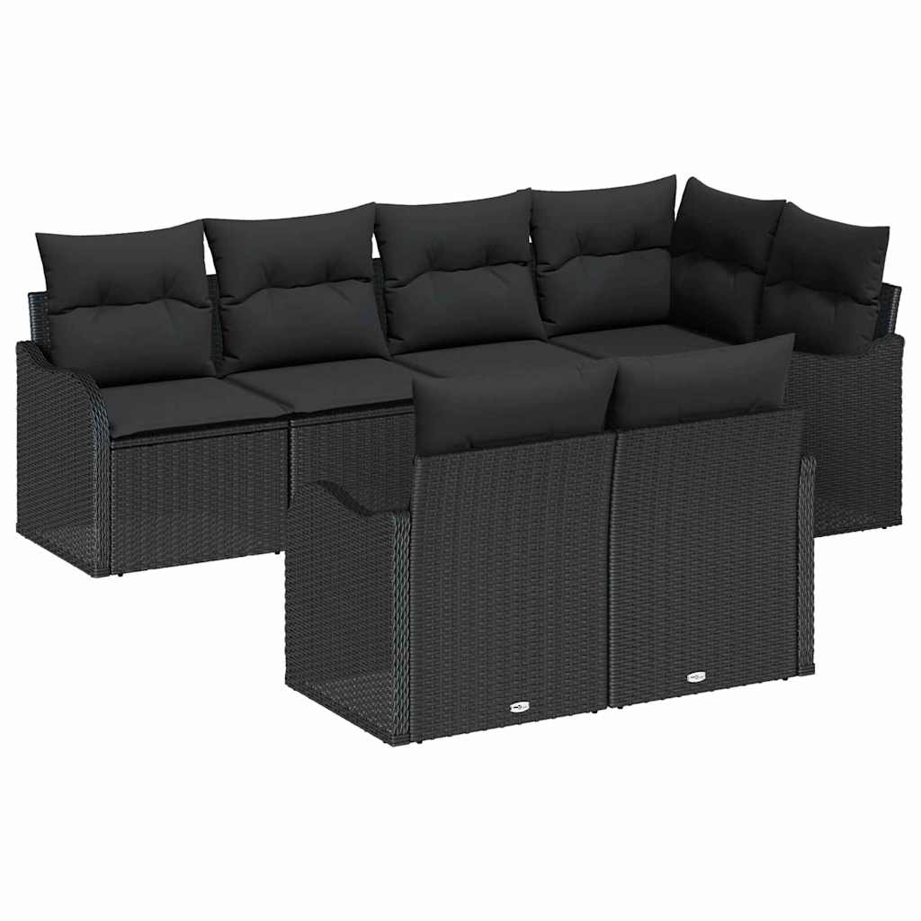 Garten-Sofa-Set mit Kissen 7 pcs Schwarz Poly Rattan