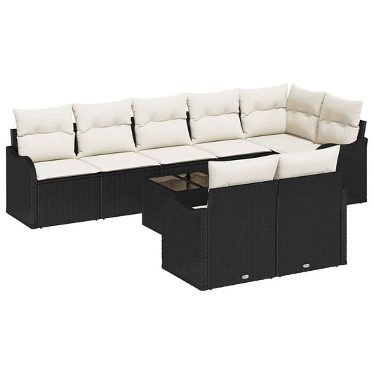 Garten-Sofa-Set mit Kissen 9 pcs Schwarz und Weiß Poly Rattan