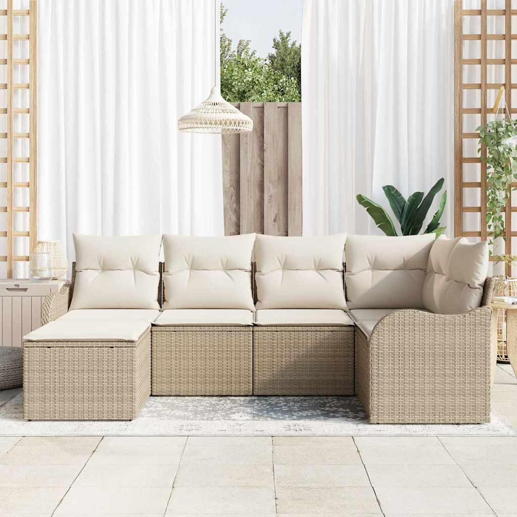 Garten-Sofa-Set mit Kissen 6 pcs Beige und Weiß Poly Rattan