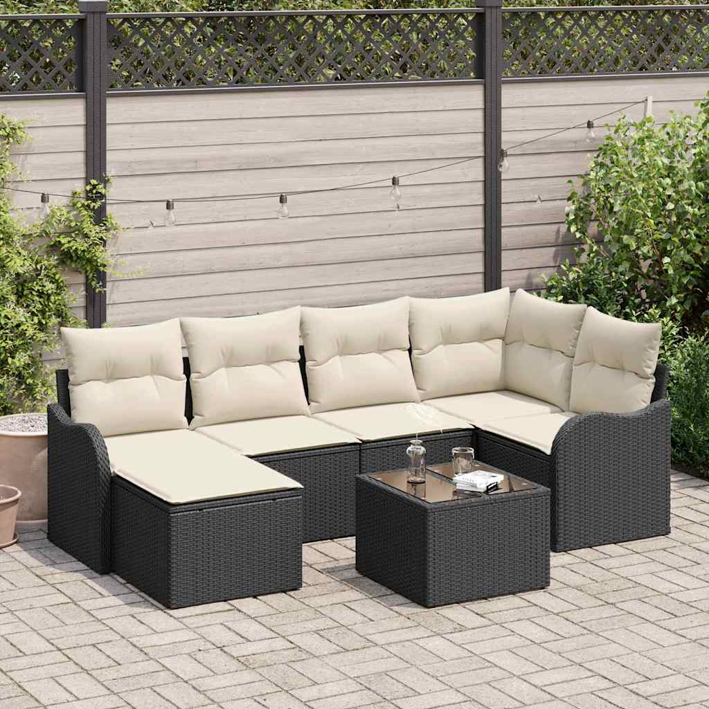 Garten-Sofa-Set mit Kissen 7 pcs Schwarz und Weiß Poly Rattan