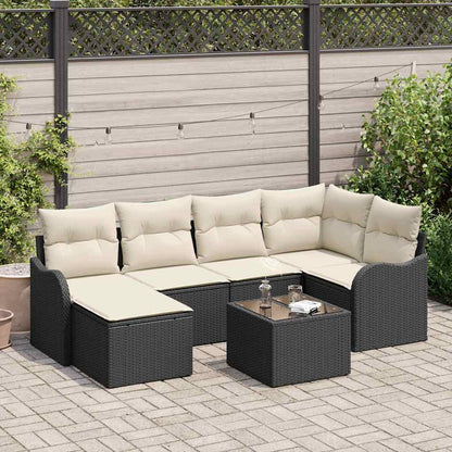 Garten-Sofa-Set mit Kissen 7 pcs Schwarz und Weiß Poly Rattan