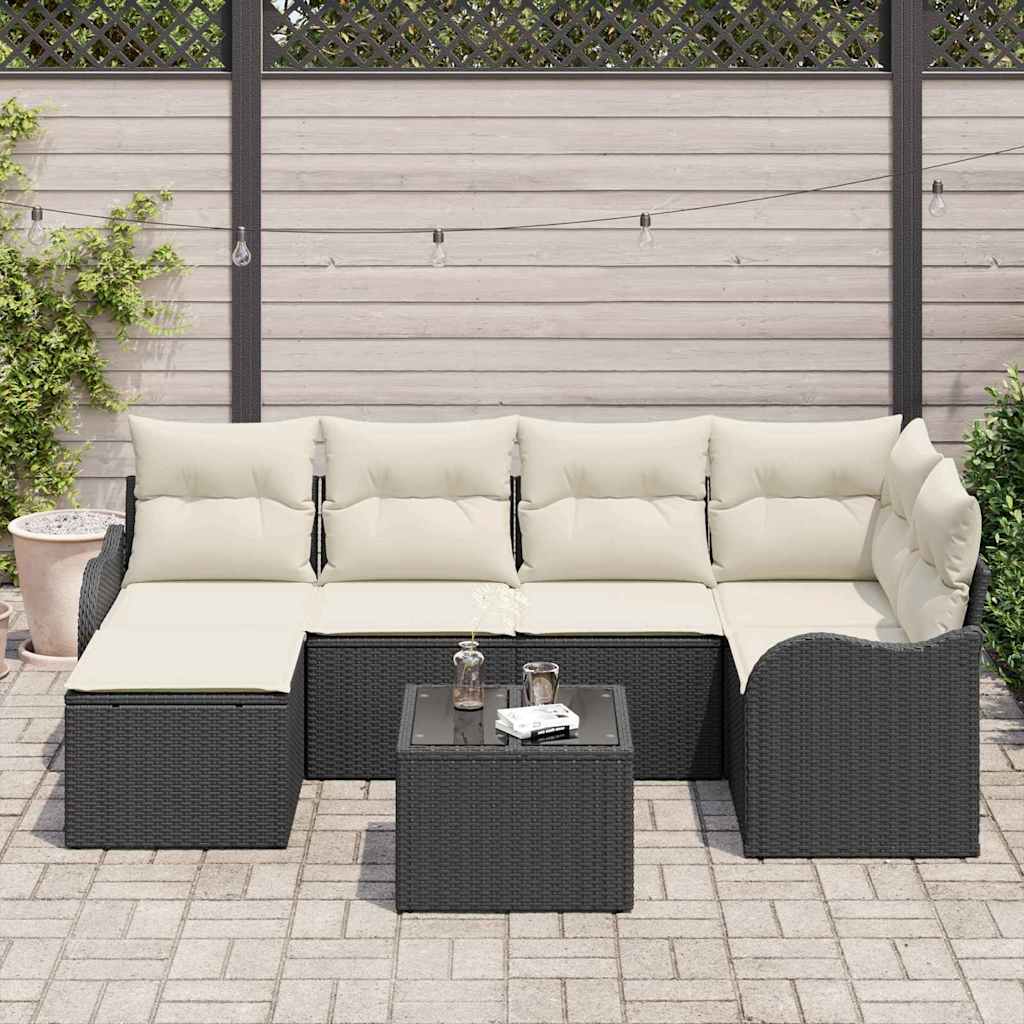 Garten-Sofa-Set mit Kissen 7 pcs Schwarz und Weiß Poly Rattan