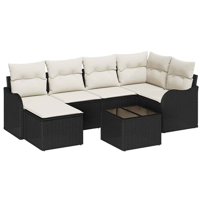 Garten-Sofa-Set mit Kissen 7 pcs Schwarz und Weiß Poly Rattan
