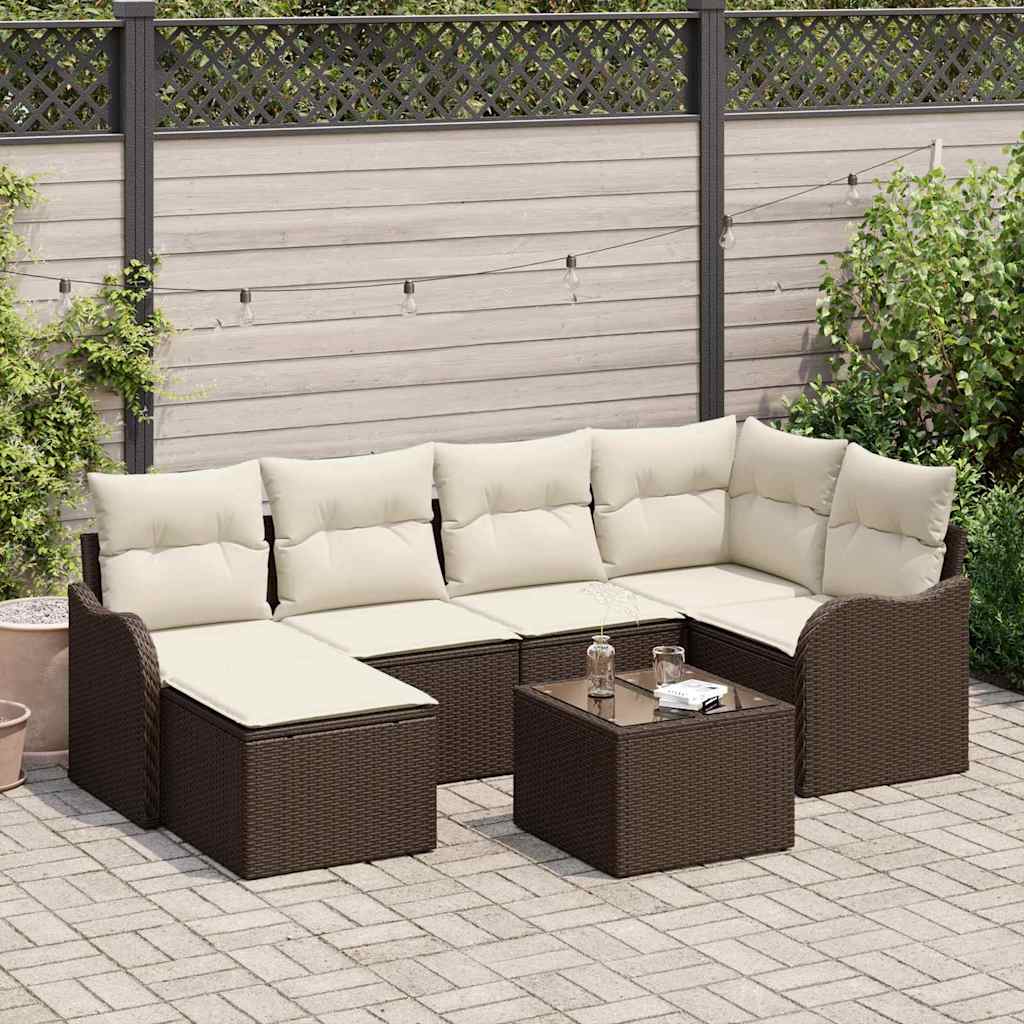 Garten-Sofa-Set mit Kissen 7 pcs Braun und Weiß Poly Rattan