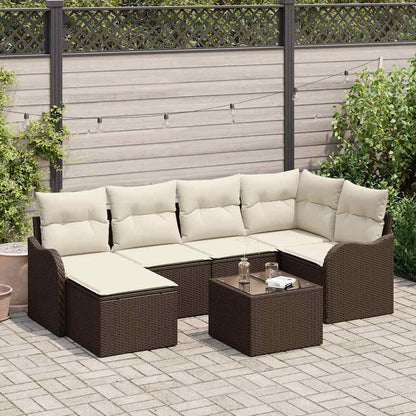Garten-Sofa-Set mit Kissen 7 pcs Braun und Weiß Poly Rattan