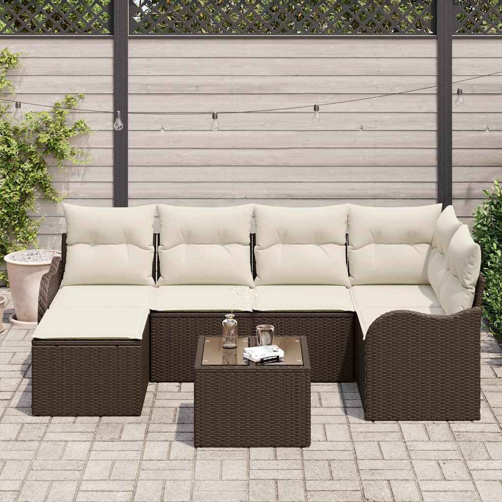 Garten-Sofa-Set mit Kissen 7 pcs Braun und Weiß Poly Rattan