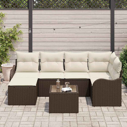 Garten-Sofa-Set mit Kissen 7 pcs Braun und Weiß Poly Rattan