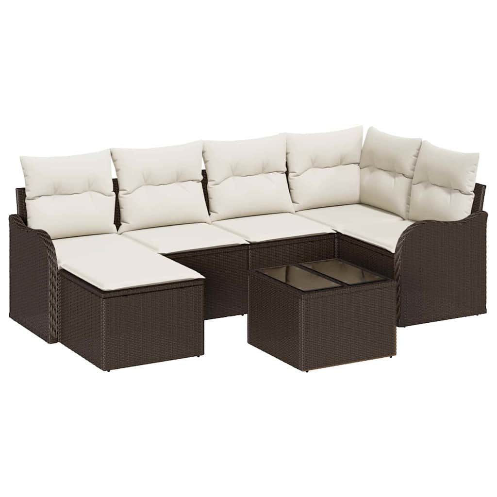 Garten-Sofa-Set mit Kissen 7 pcs Braun und Weiß Poly Rattan