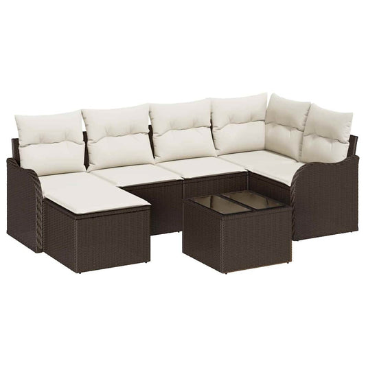 Garten-Sofa-Set mit Kissen 7 pcs Braun und Weiß Poly Rattan
