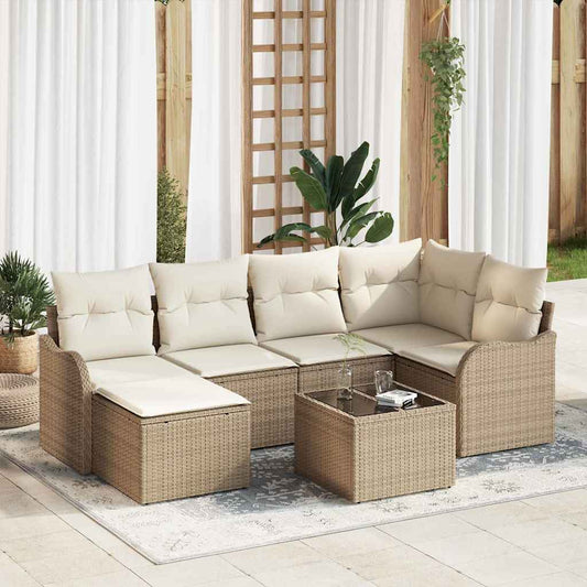 Garten-Sofa-Set mit Kissen 7 pcs Beige und Weiß Poly Rattan
