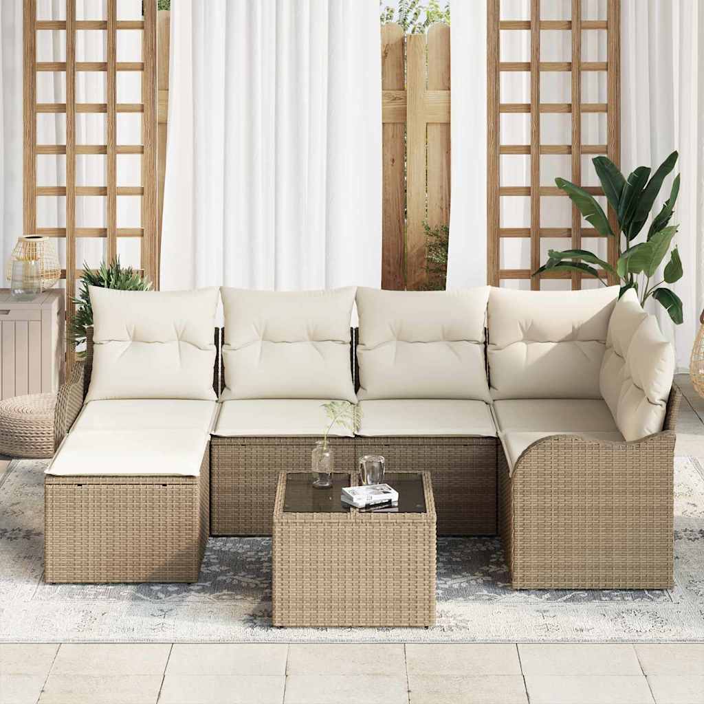 Garten-Sofa-Set mit Kissen 7 pcs Beige und Weiß Poly Rattan