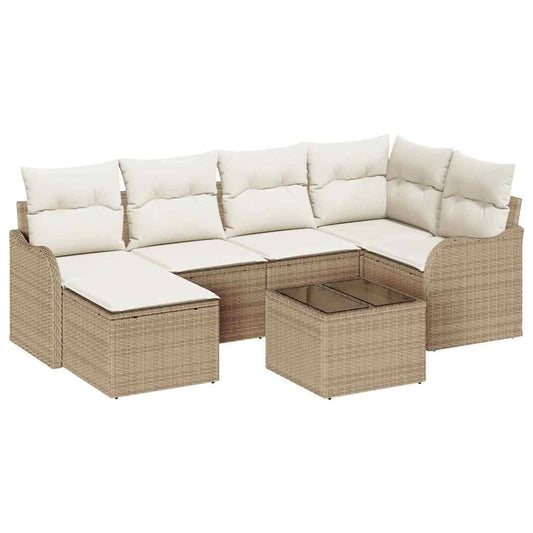 Garten-Sofa-Set mit Kissen 7 pcs Beige und Weiß Poly Rattan