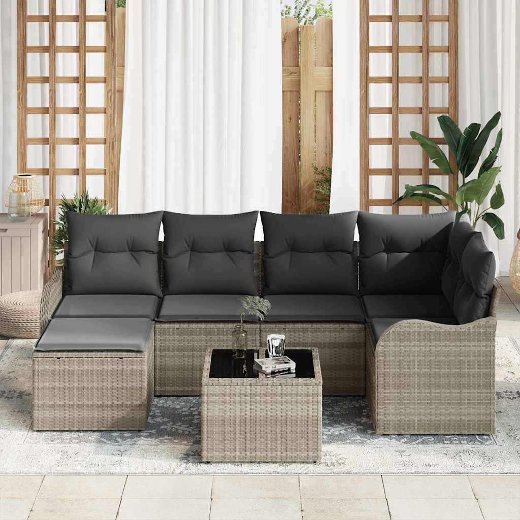 Garten-Sofa-Set mit Kissen 7 pcs Hellgrau Poly Rattan