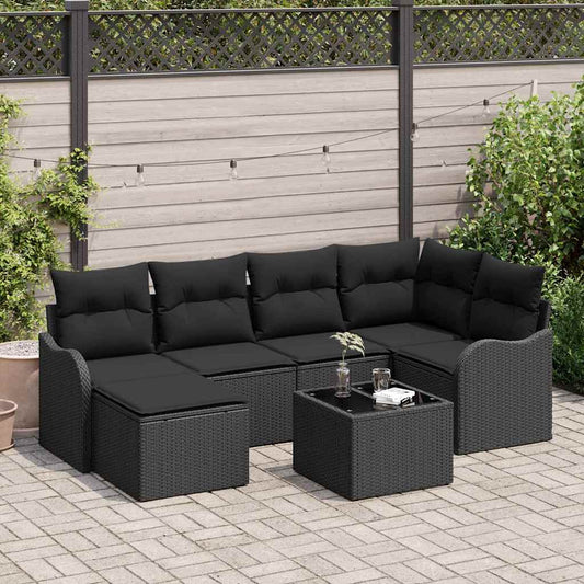 Garten-Sofa-Set mit Kissen 7 pcs Schwarz Poly Rattan