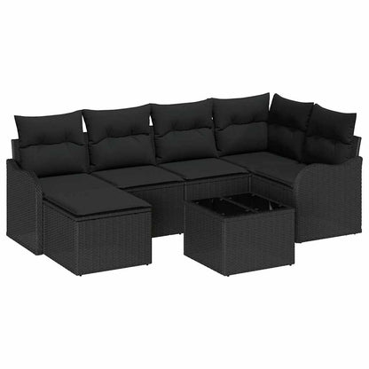 Garten-Sofa-Set mit Kissen 7 pcs Schwarz Poly Rattan