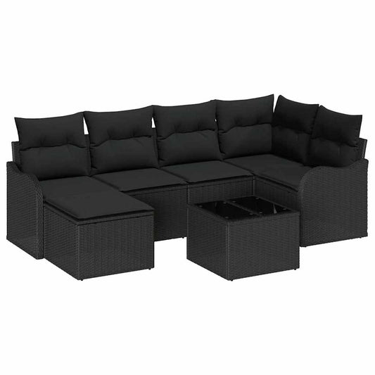 Garten-Sofa-Set mit Kissen 7 pcs Schwarz Poly Rattan