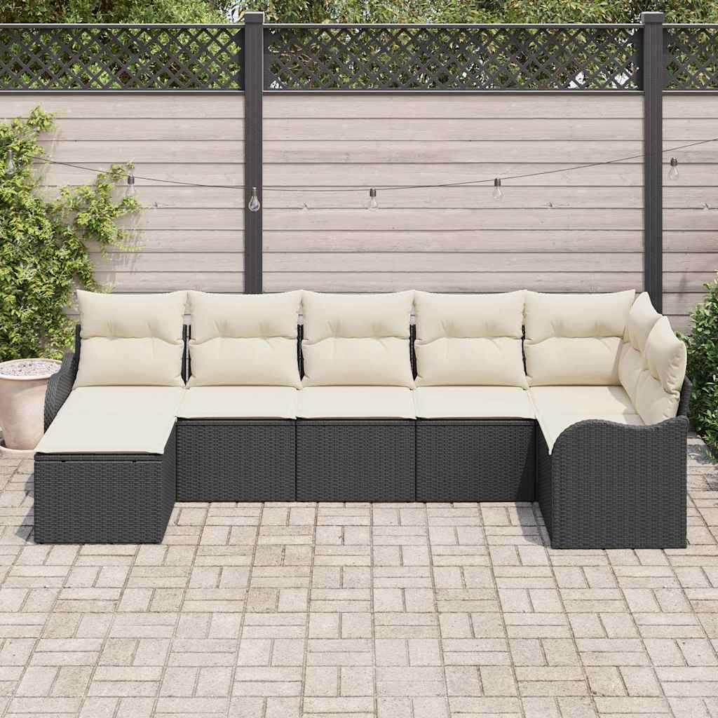 Garten-Sofa-Set mit Kissen 7 pcs Schwarz und Weiß Poly Rattan