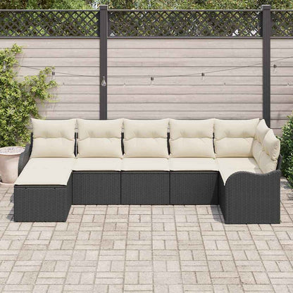 Garten-Sofa-Set mit Kissen 7 pcs Schwarz und Weiß Poly Rattan