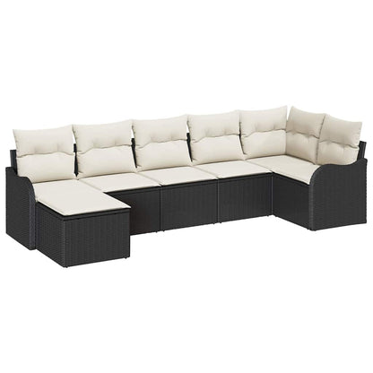 Garten-Sofa-Set mit Kissen 7 pcs Schwarz und Weiß Poly Rattan