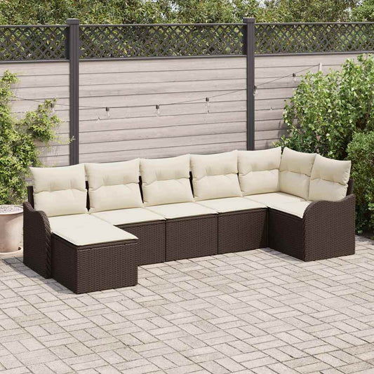 Garten-Sofa-Set mit Kissen 7 pcs Braun und Weiß Poly Rattan